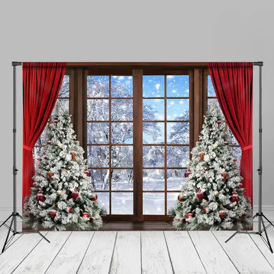 Snowy Scene Wood Window Christmas Tree Curtain Backdrop - Aperturee