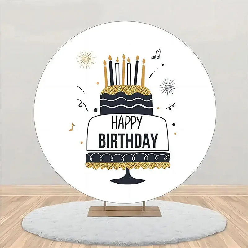 Black Line Gold Glitter Cake Round Birthday Backdrop - Aperturee
