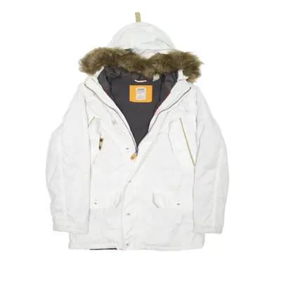 TIMBERLAND Faux Fur Hood Fleece Lined Down Insulated Parka Coat White Nylon Mens M
