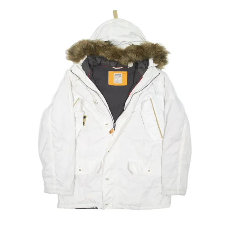 TIMBERLAND Faux Fur Hood Fleece Lined Down Insulated Parka Coat White Nylon Mens M