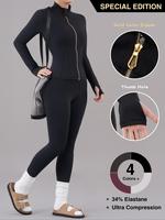 Women's Solid Zip Up Jacket & High Waist Leggings Tracksuit Set, Sporty Breathable Comfy Outfits for Yoga Gym Workout Running...