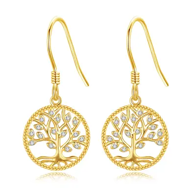 14K Gold Moissanite Tree Of Life Drop Earrings