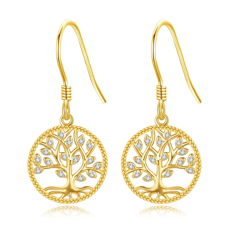 14K Gold Moissanite Tree Of Life Drop Earrings