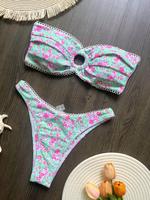 Two-Piece Set Women's Ditsy Floral Print Bandeau Bikini Set, Casual Fashion Chic Tie Back Strapless Swim Top & High Cut Swim ...