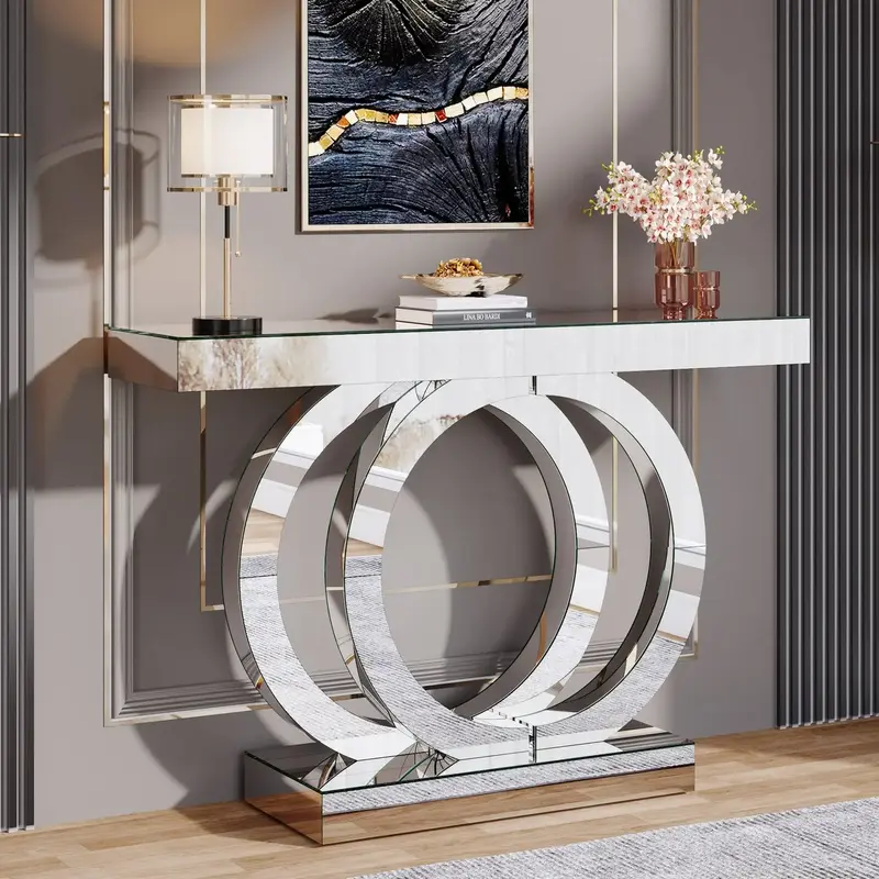 43.3-Inch Mirrored Console Table, Modern Entryway Table with Thickened Mirror Finish Tabletop, Rectangle Glass Sofa Table Foy...