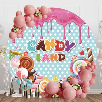 Various Desserts Candyland Round Birthday Backdrop - Aperturee