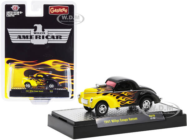 1941 Willys Coupe Gasser Black with Yellow Flames Limited Edition to 6050 pieces Worldwide 1/64 Diecast Model Car by M2 Machi...