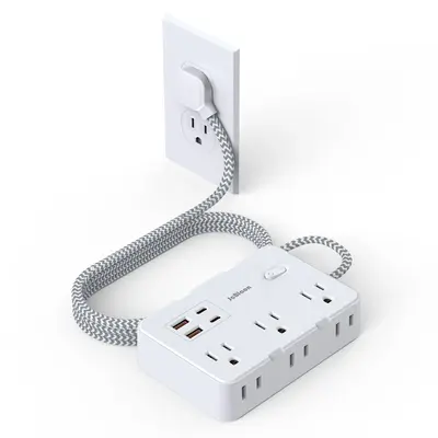 Flat Plug Surge Protector Power Strip, 5 Ft Braided Flat Extension Cord With 4 USB Charger, Compact Desk Charging Station Wal...