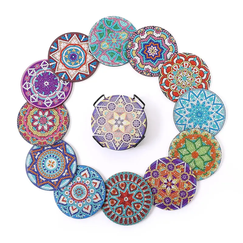 12 pieces/sets of round manda patterned artificial diamond painted coasters with LIDS, DIY crystal diamond painted wooden coa...