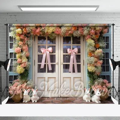 Pink Bow Tie Bunny Floral Wood Door Easter Backdrop - Aperturee