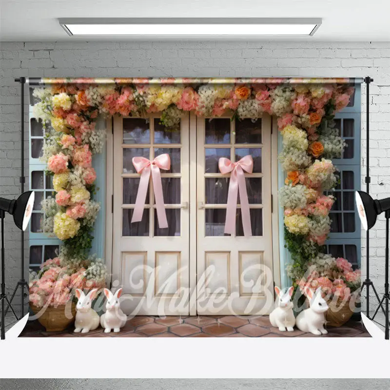 Pink Bow Tie Bunny Floral Wood Door Easter Backdrop - Aperturee
