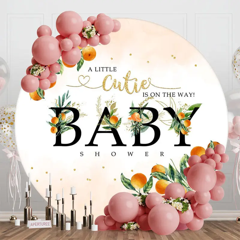 Oranges Green Leaf Simple Round Baby Shower Backdrop - Aperturee