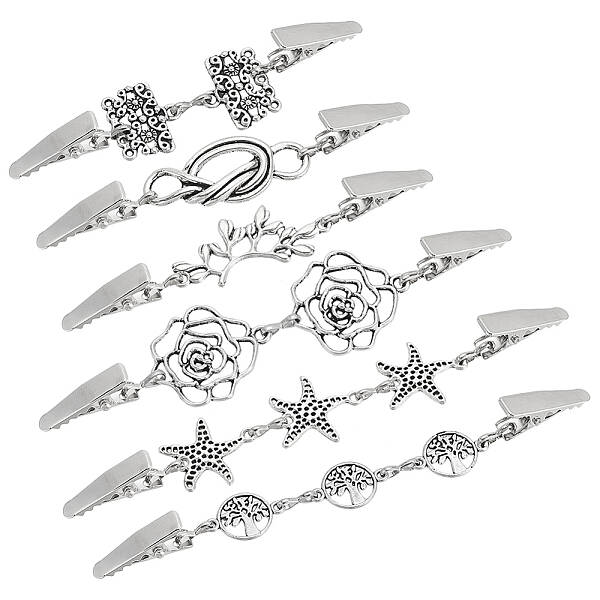 6Pcs 6 Styles Branch/Starfish/Flower Vintage Alloy & Iron Cardigan Clips