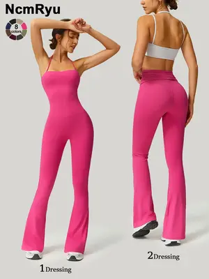 Women's Strapless Suspenders Flared Trousers Fitness Training Tights Sleeveless Yoga Trousers Peach Hip Sports Leggings Sexy ...