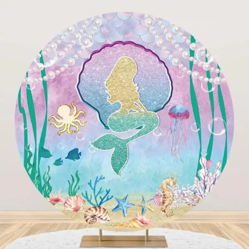 Benthos Mermaid Pearl Fish Circle Birthday Backdrop - Aperturee