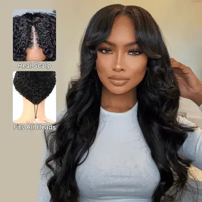 Pull Go Wig | Beginner Friendly Natural Scalp V Part Wig Long Curly Human Hair Wig Upgrade Thin Part Wig Without Leave Out