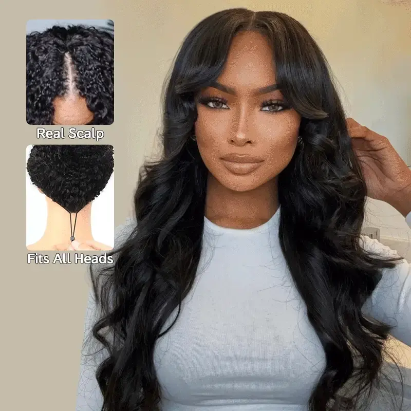 Pull Go Wig | Beginner Friendly Natural Scalp V Part Wig Long Curly Human Hair Wig Upgrade Thin Part Wig Without Leave Out