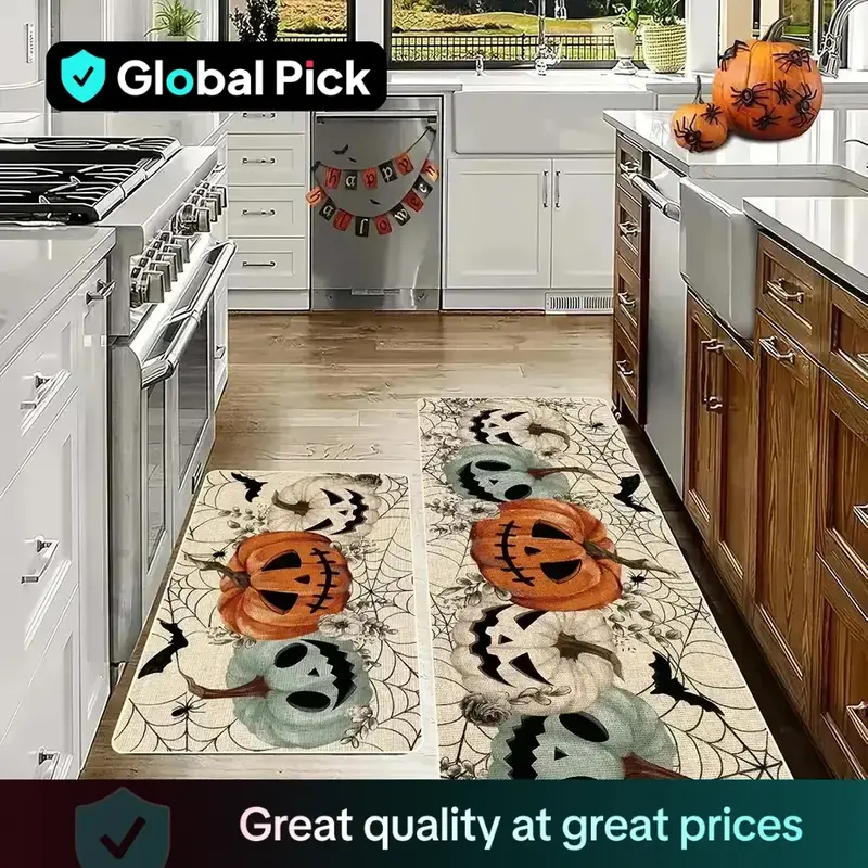 2 Piece Halloween Kitchen Rug Set, Pumpkin Design Non-Slip Soft Low-Profile Door Mat, Halloween Theme Farmhouse Party Decor f...