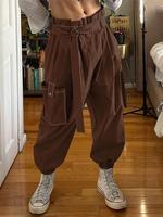Mens Elastic Waist Belted Casual Solid Cargo Trousers Street Long Pants