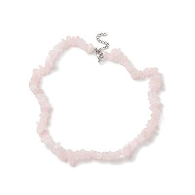 Natural Rose Quartz Chip Beaded Necklaces with 304 Stainless Steel Lobster Claw Clasp & Chain Extender
