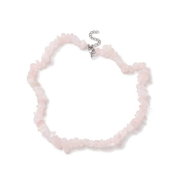 Natural Rose Quartz Chip Beaded Necklaces with 304 Stainless Steel Lobster Claw Clasp & Chain Extender