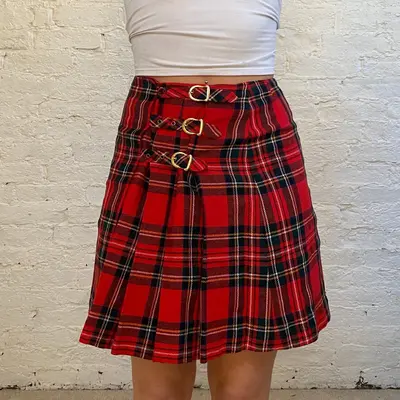 Unbranded Checked Mini Skirt - 30W UK 10 Red Cotton Blend