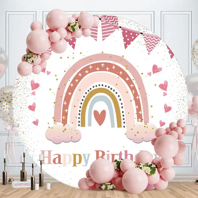 Aperturee Pink Glitter Rainbow Round Happy Girls Birthday Backdrop