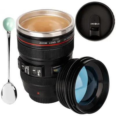 Camera Lens Coffee Mug,Lens Mug Camera Lens Mug with Lid and Spoon,Cool Gifts for Photographers Men and Women