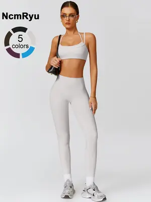 Women's sports suit with high elasticity splicing shoulder straps bra pants set detachable chest cushion hip lifting all seas...