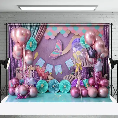 Mermaid Scales Pink Balloons Cake Smash Backdrop - Aperturee