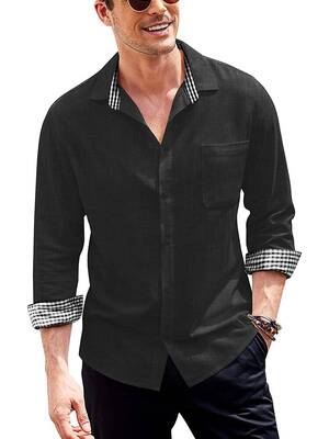 Long-Sleeve Cotton Linen Shirt (US Only), Black / M