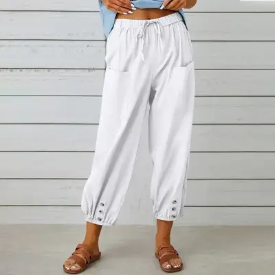 Women’s Cotton Linen Wide-Leg Pants – Loose, High Waist, Button Design, Nine-Point Length, Casual & Versatile