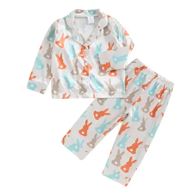 Kids Baby Girl Boy Easter Pajamas Bunny Egg Silk Pajamas Button-Up Pjs 2-Piece Satin Pajama Nightgowns for Toddler Sleepwear