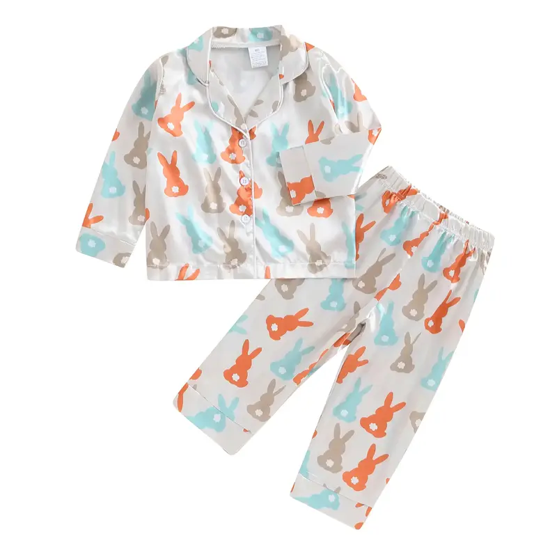 Kids Baby Girl Boy Easter Pajamas Bunny Egg Silk Pajamas Button-Up Pjs 2-Piece Satin Pajama Nightgowns for Toddler Sleepwear