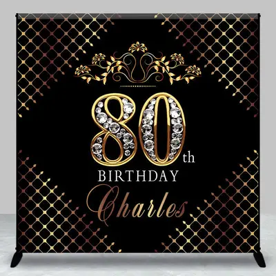 Royal Black Gold Diamonds 80th Birthday Backdrop - Aperturee