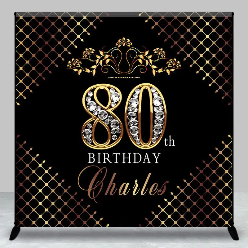 Royal Black Gold Diamonds 80th Birthday Backdrop - Aperturee