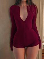 Women's Solid Button Front Ribbed Skinny Romper, Slim Fit Casual Long Sleeve Round Neck Romper for Daily Wear, Ladies Longsle...