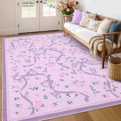 Garvee 5x7 Floral Print Rug for Living Room Girls Bedroom Low Pile Washable Stain Resistant Non Slip Folding Carpet
