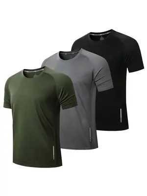 Men's Solid Round Neck Raglan Sleeve Tee, Breathable Quick Drying Short Sleeve T-shirt for Running Gym Workout, Mens Top for...