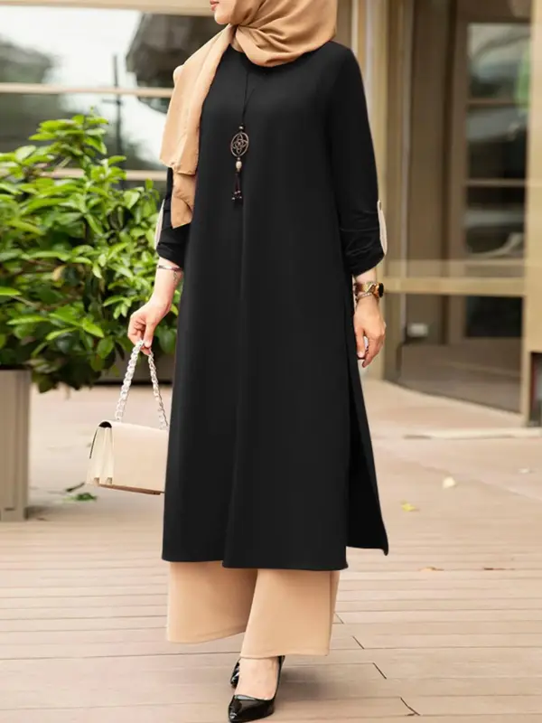 Women's Solid Color Keyhole Neckline Long Sleeve Dress, Casual Loose Long Shirt Dress for Daily Wear, Ladies Islamic Clothing...