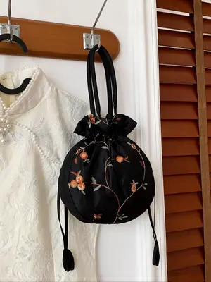 Retro Embroidery Silk Drawstring Handbag,  Floral Pattern Storage Bag for Women & Girls, Casual Trendy Versatile High-quality...
