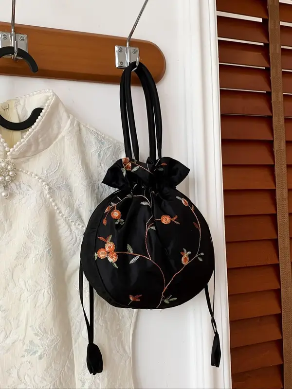 Retro Embroidery Silk Drawstring Handbag, Floral Pattern Storage Bag for Women & Girls, Casual Trendy Versatile High-quality...