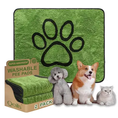 Qeils Super Absorbent Washable Pee Pads for Dogs 2 Pack Green Long Wool Mat Reusable Puppy Pads for Potty Training Outdoorfun...