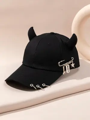 Solid Color Cow Ear Baseball Cap, Fashion Grommet Eyelet & Chain Design Funny Hat, New Trendy Casual Sports Hat for Men and W...