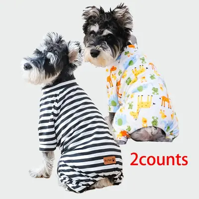 Striped & Cartoon Pattern Pet Clothes, 2 Counts Comfortable Pet Clothes, Soft Clothing for Dogs & Cats, Pet Shirts for Indo...