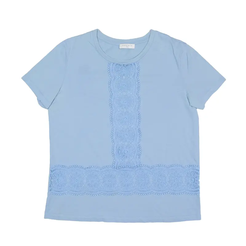 SANDRO PARIS Crochet T-Shirt Blue Short Sleeve Womens S