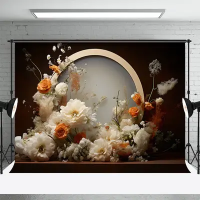 White Orange Flower Gold Circle Black Photo Backdrop - Aperturee