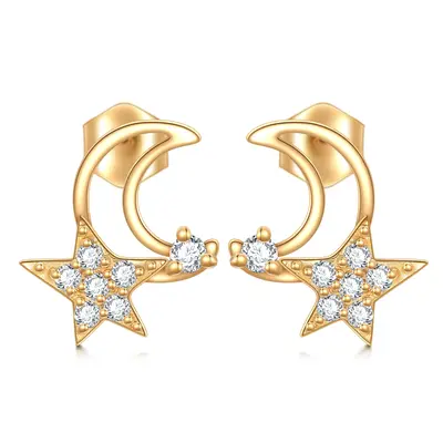 10K Gold Cubic Zirconia Moon & Star Stud Earrings