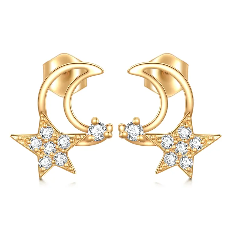 10K Gold Cubic Zirconia Moon & Star Stud Earrings