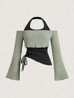 Women's Colorblock 2 in 1 Backless Halter Crop Knit Top, Elegant Asymmetrical Flounce Sleeve Drawstring Top for Daily Wear, L...